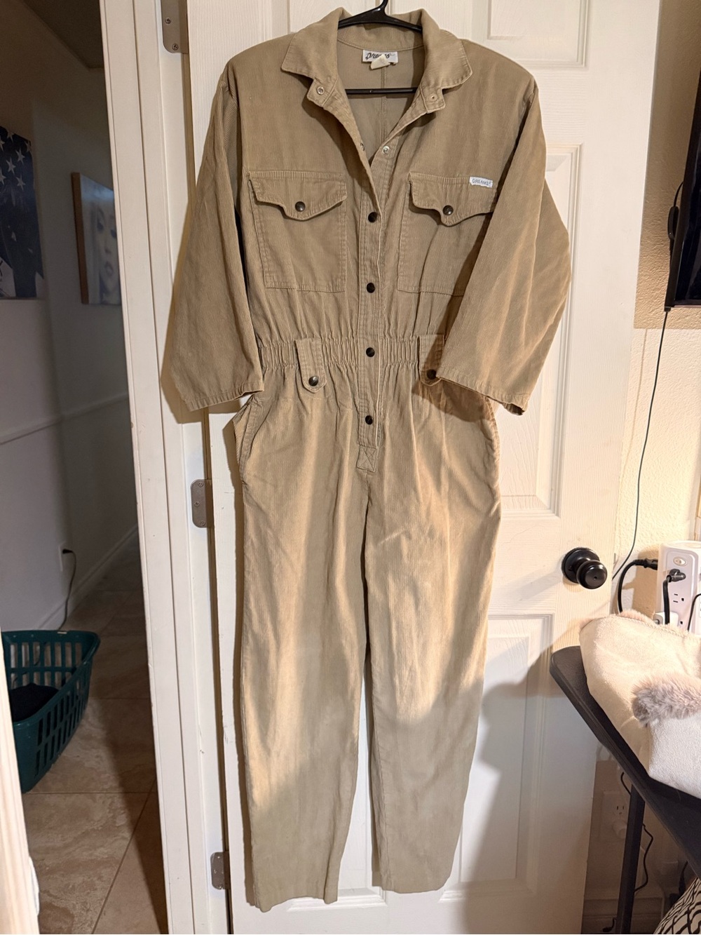 Vtg 80s Dreams Jumpsuit Womens M Khaki Corduroy Textured Utility Boilersuit Suit